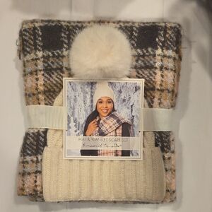 Lauren Ralph Lauren Tan and Gray Plaid Hat and Scarf Set